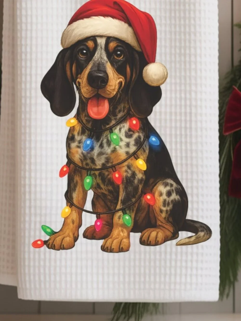 Blue Gascony Hound Christmas Lights Decorative Kitchen Tea Towel
